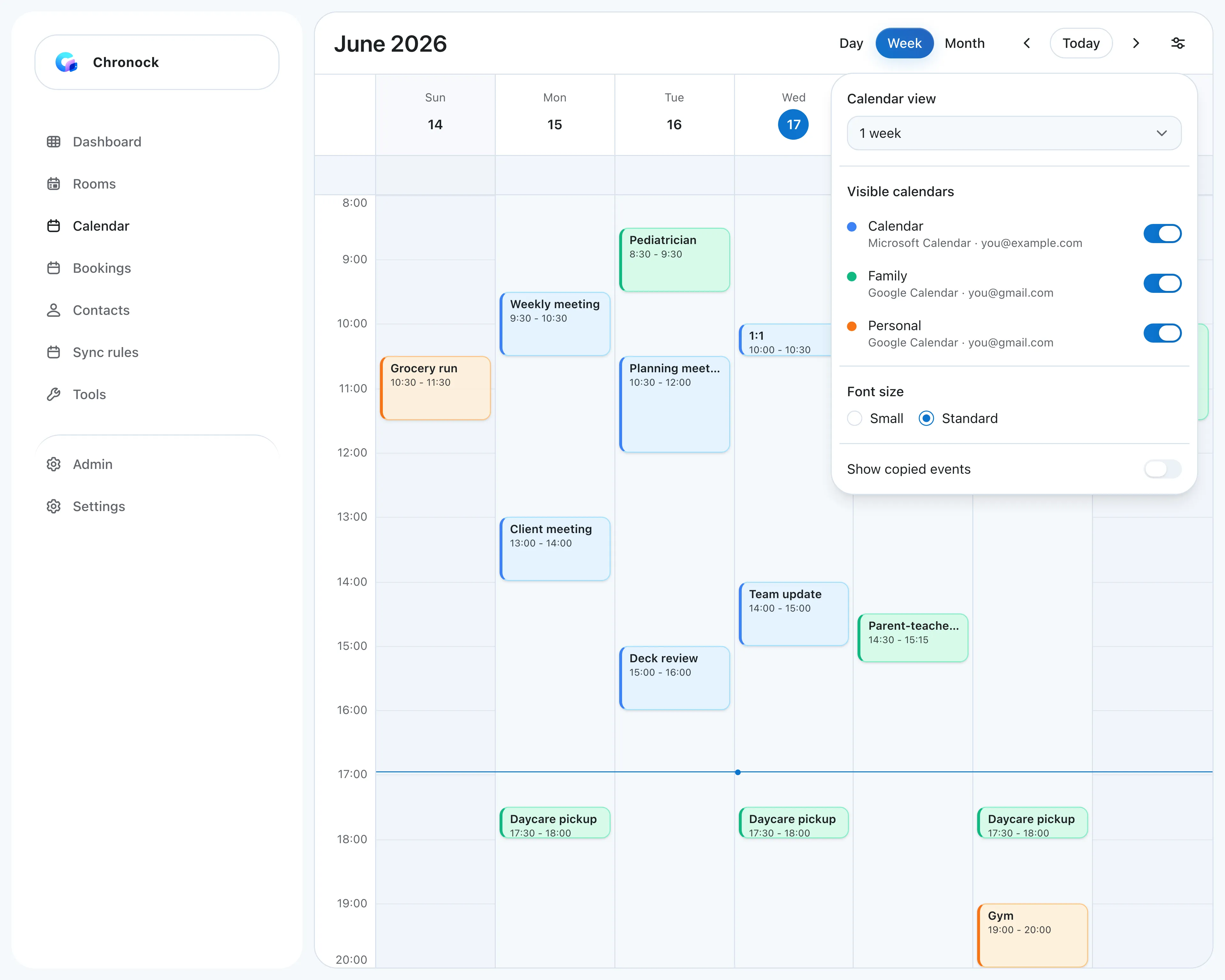 Integrated calendar week view combining a work Outlook calendar, a shared Family Google Calendar with daycare pickups and a pediatrician visit, and a personal calendar, with display settings listing each calendar and its account