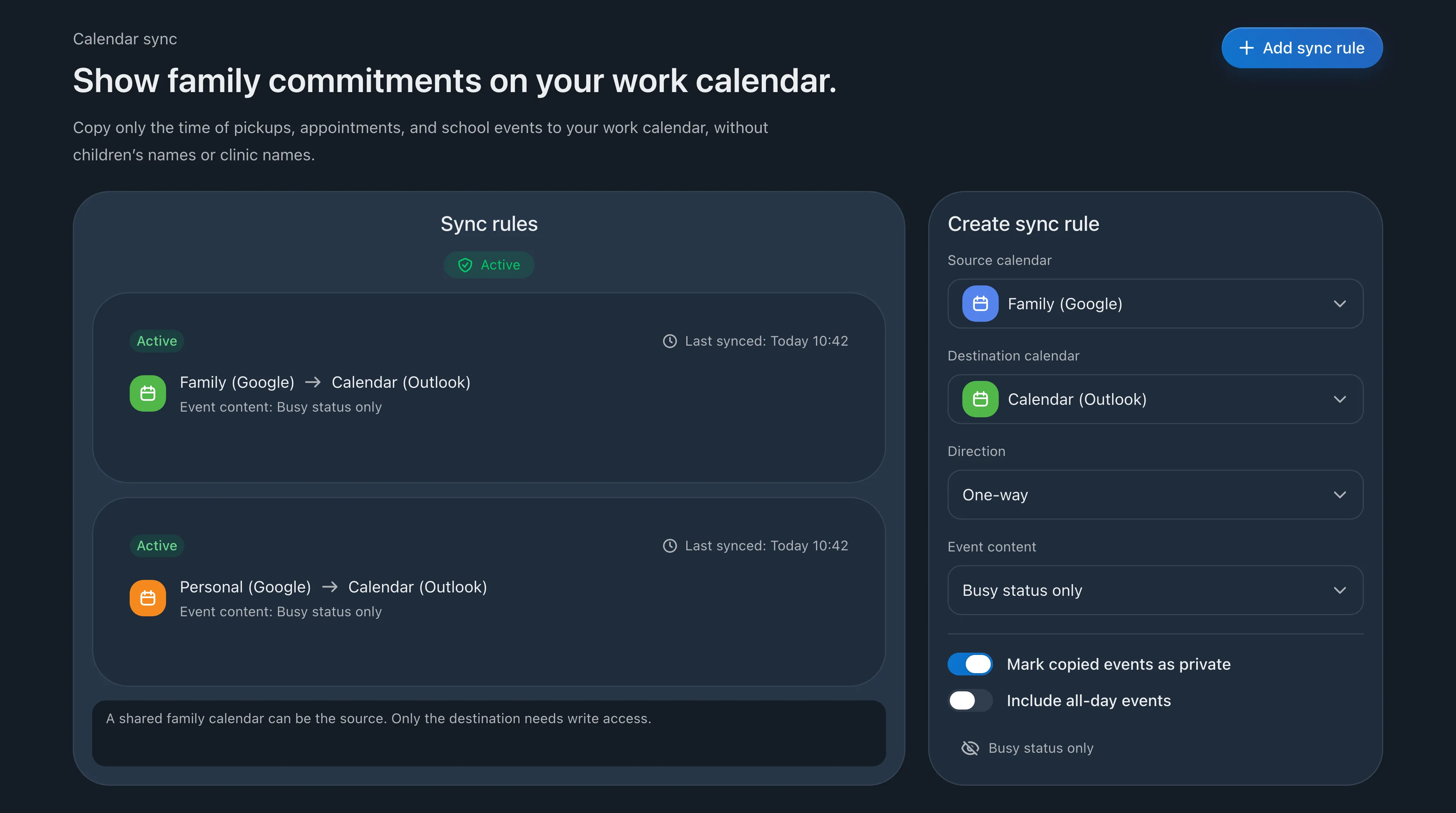 Sync rules screen with one-way, Busy-only rules from Family (Google) and Personal (Google) to Calendar (Outlook)