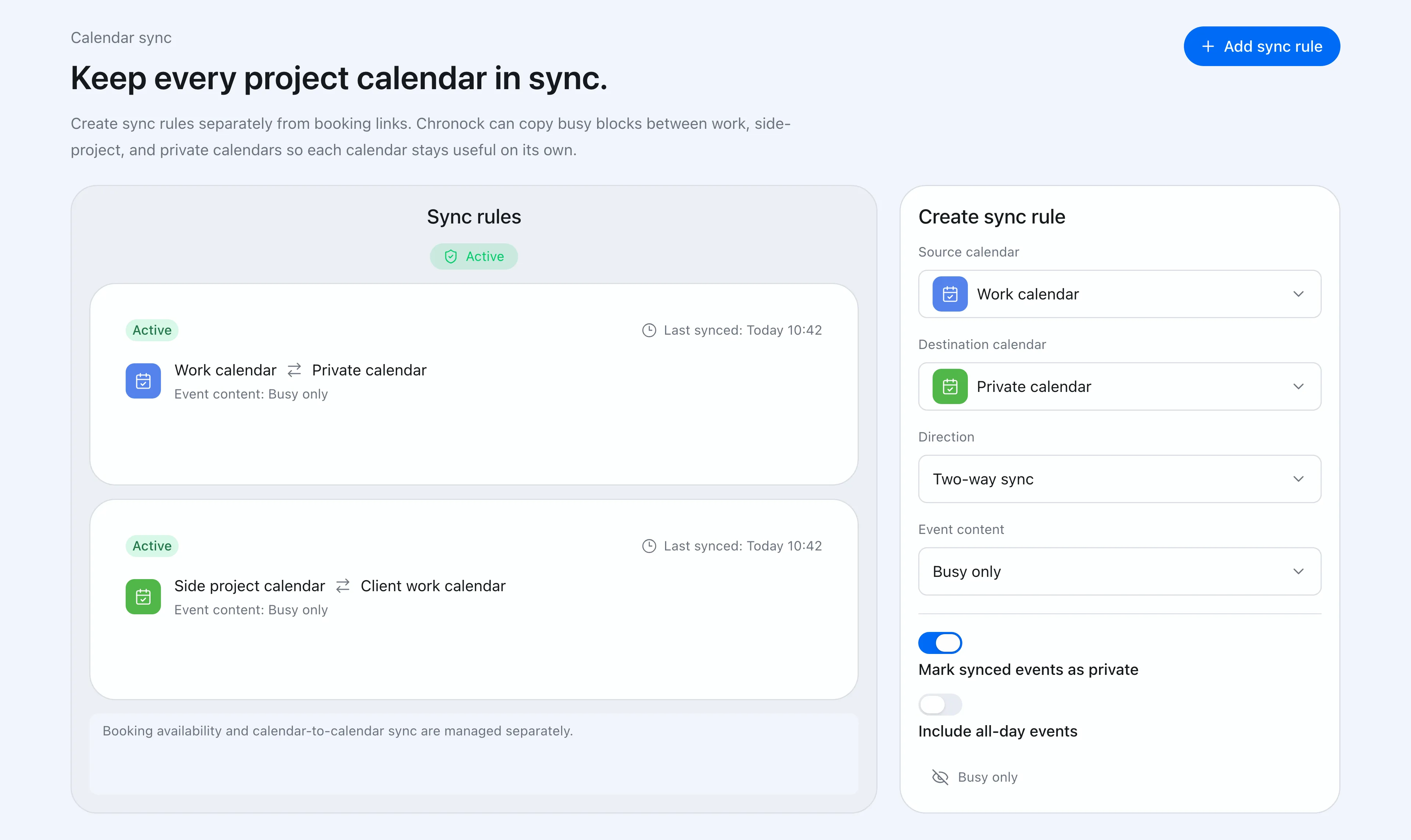 Screenshot der Kalender-Synchronisierungsregeln