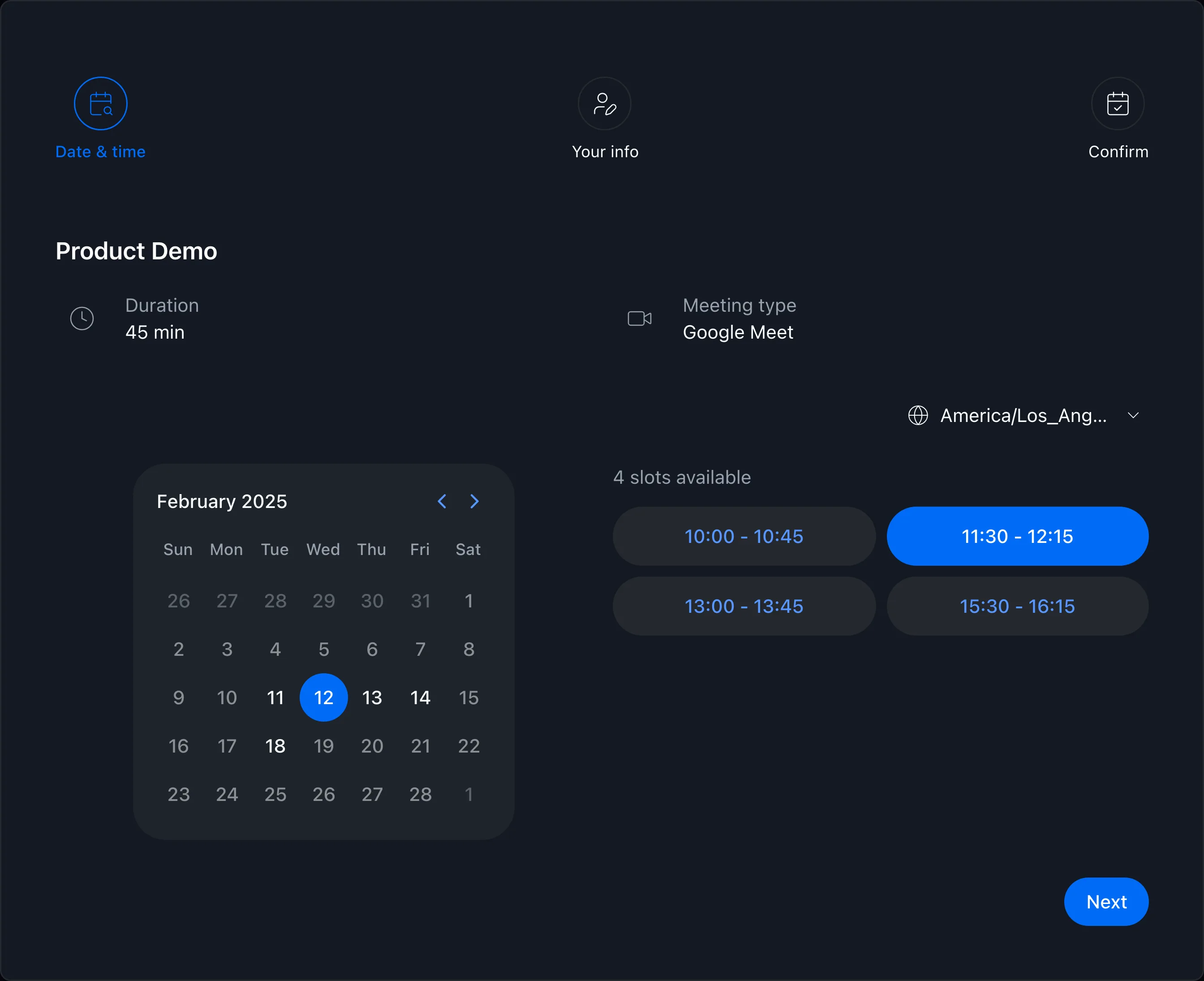 Booking page screenshot
