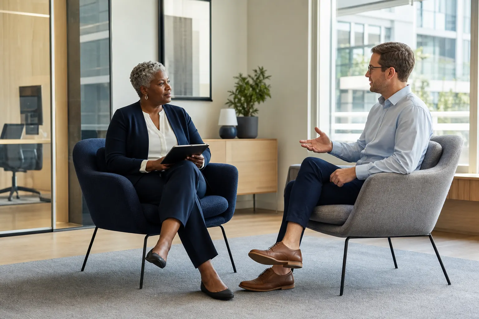 A coach and client in separate office chairs during a tablet-assisted coaching session