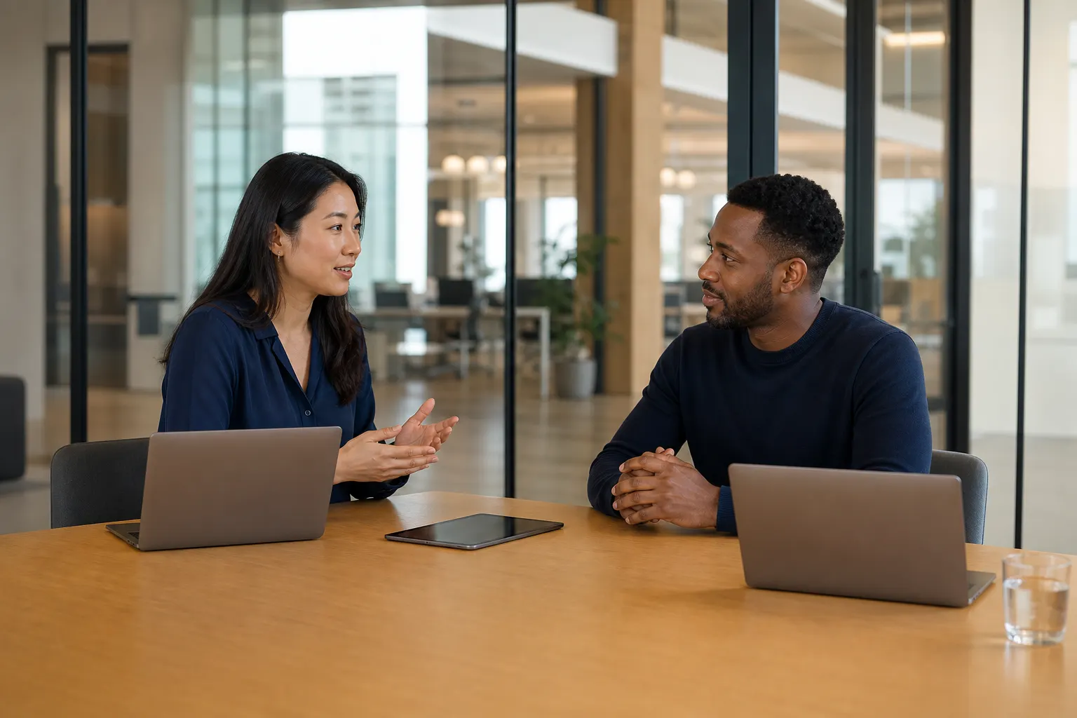 A customer success manager and customer meeting across a conference table with laptops and a tablet