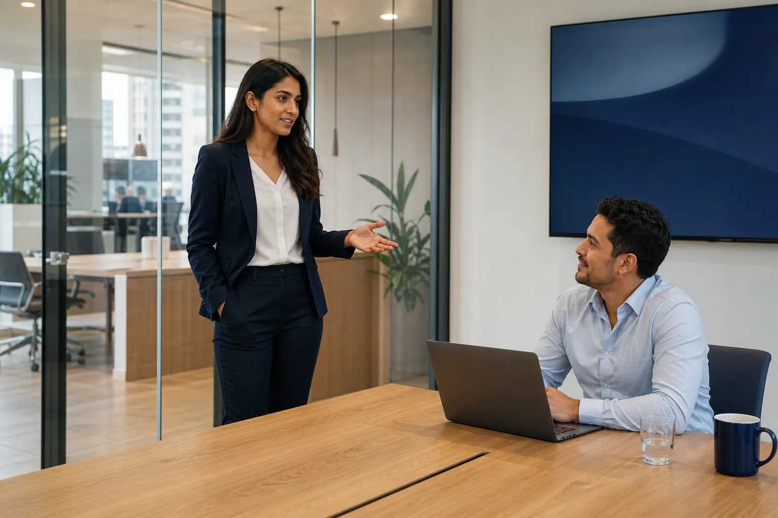 A sales professional and prospect in a conference room with a digital display and laptop