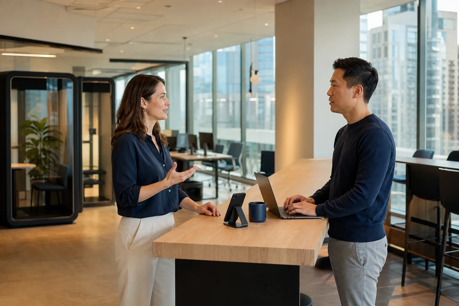 Two professionals planning a side business with a laptop at a standing office counter