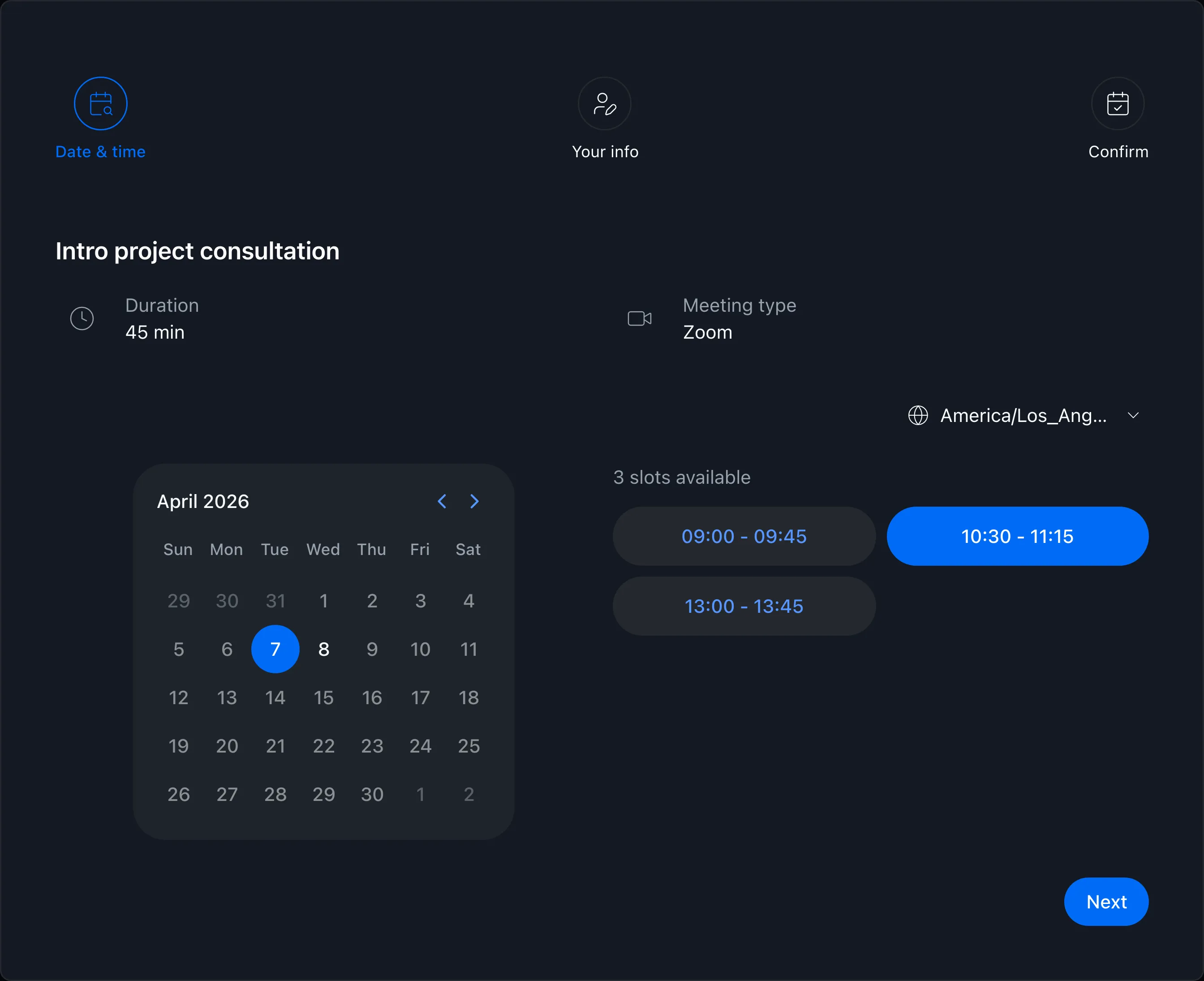 Booking page showing available times