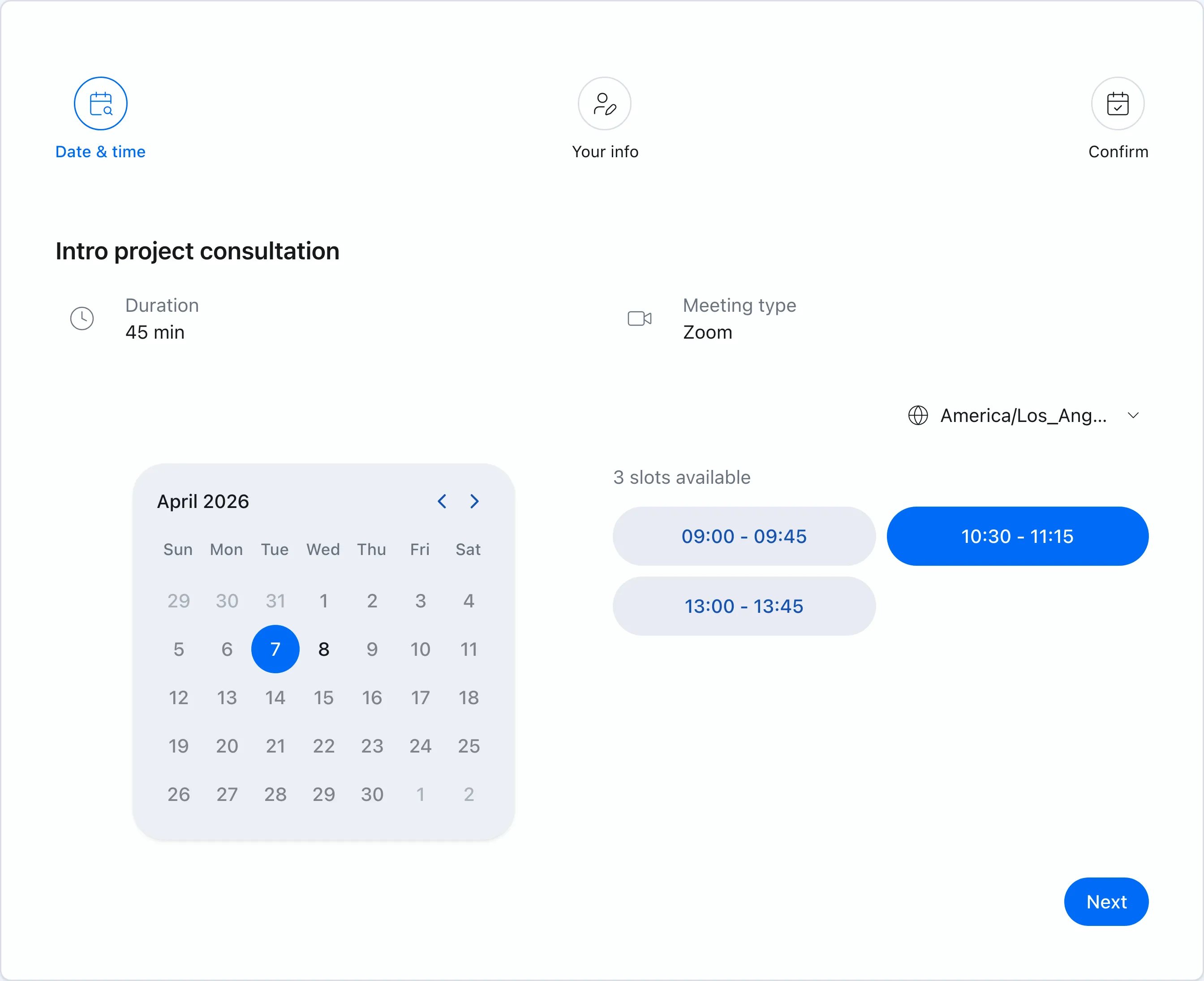 Booking page showing available times