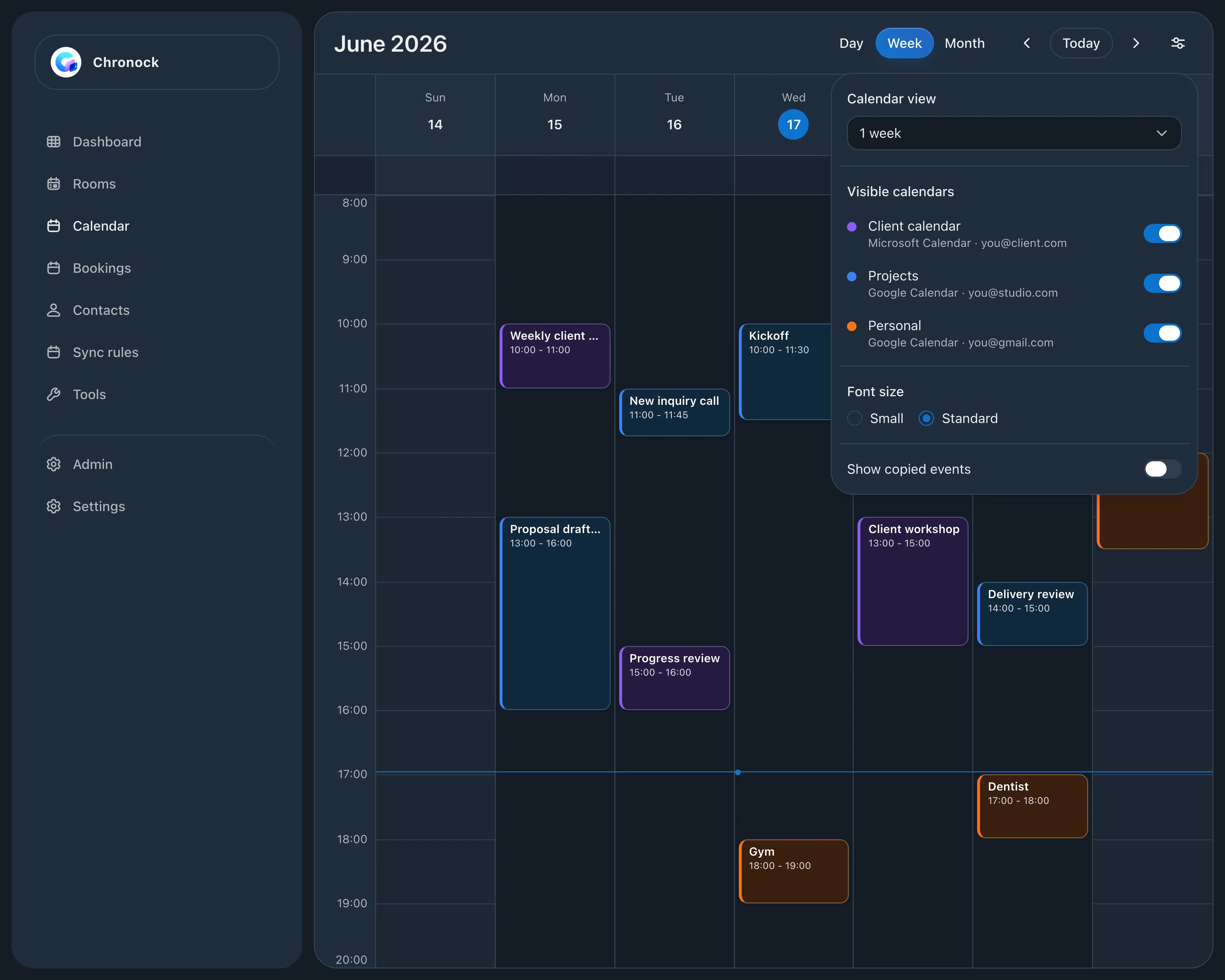 Integrated calendar week view combining a client’s Outlook calendar with project and personal Google Calendars