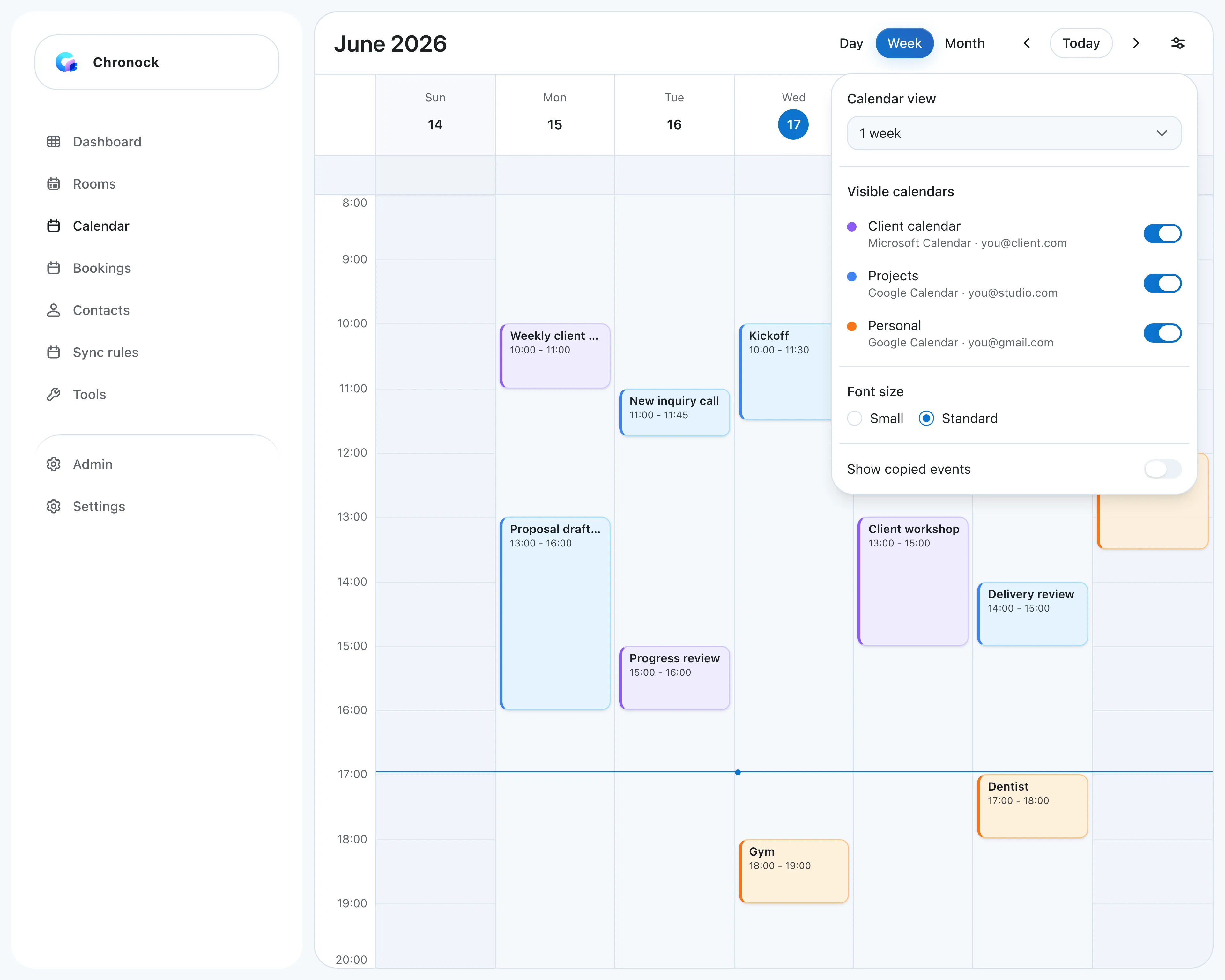 Integrated calendar week view combining a client’s Outlook calendar with project and personal Google Calendars