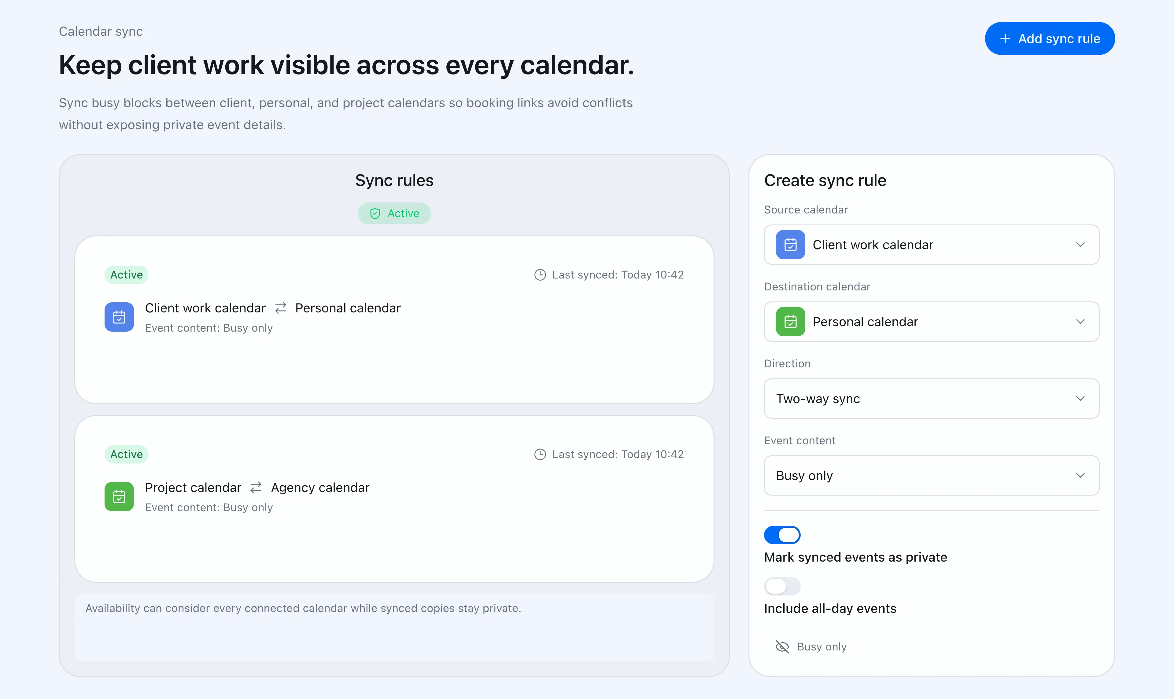 Calendar sync rule settings screen
