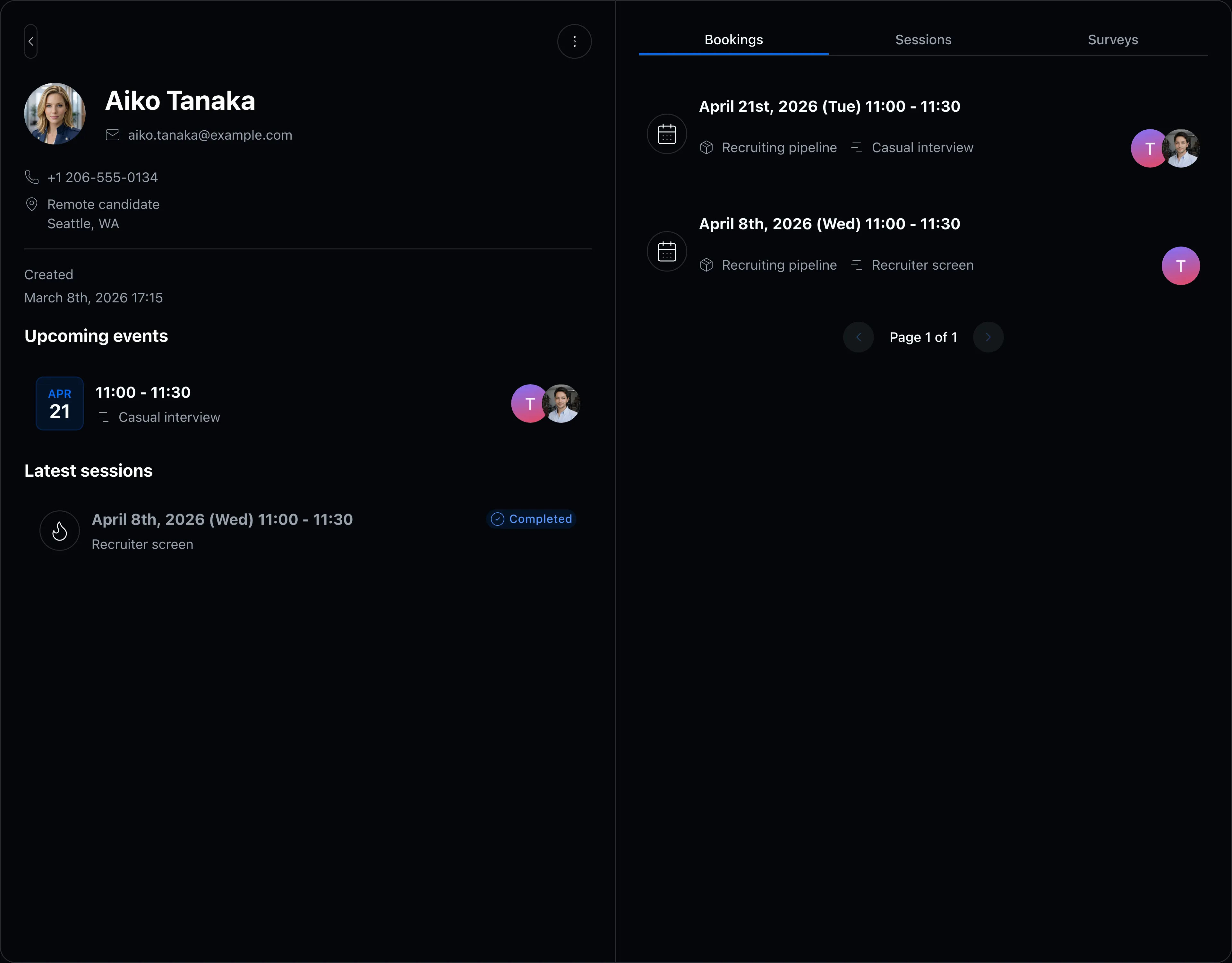 Contact detail and booking history screen