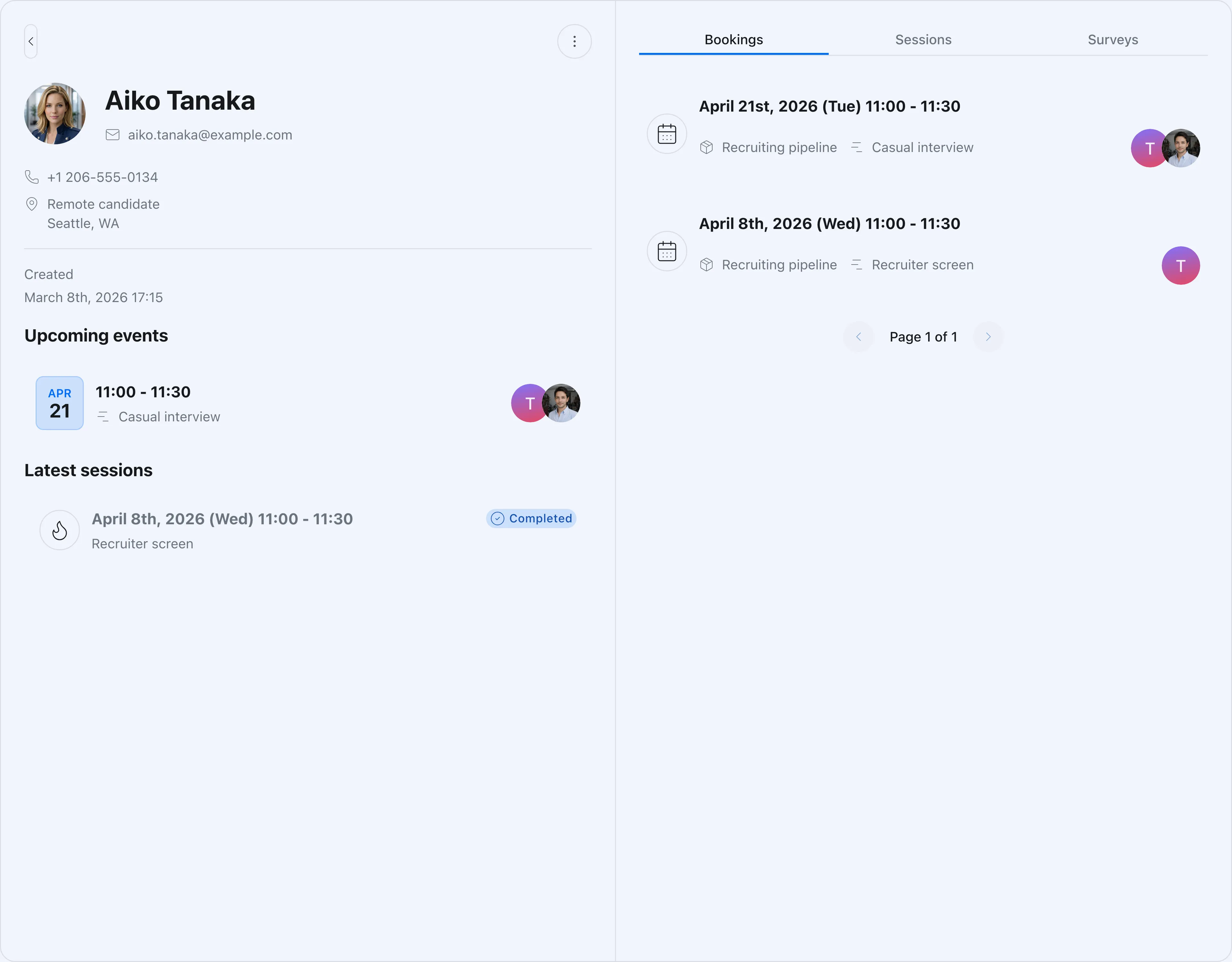 Contact detail and booking history screen