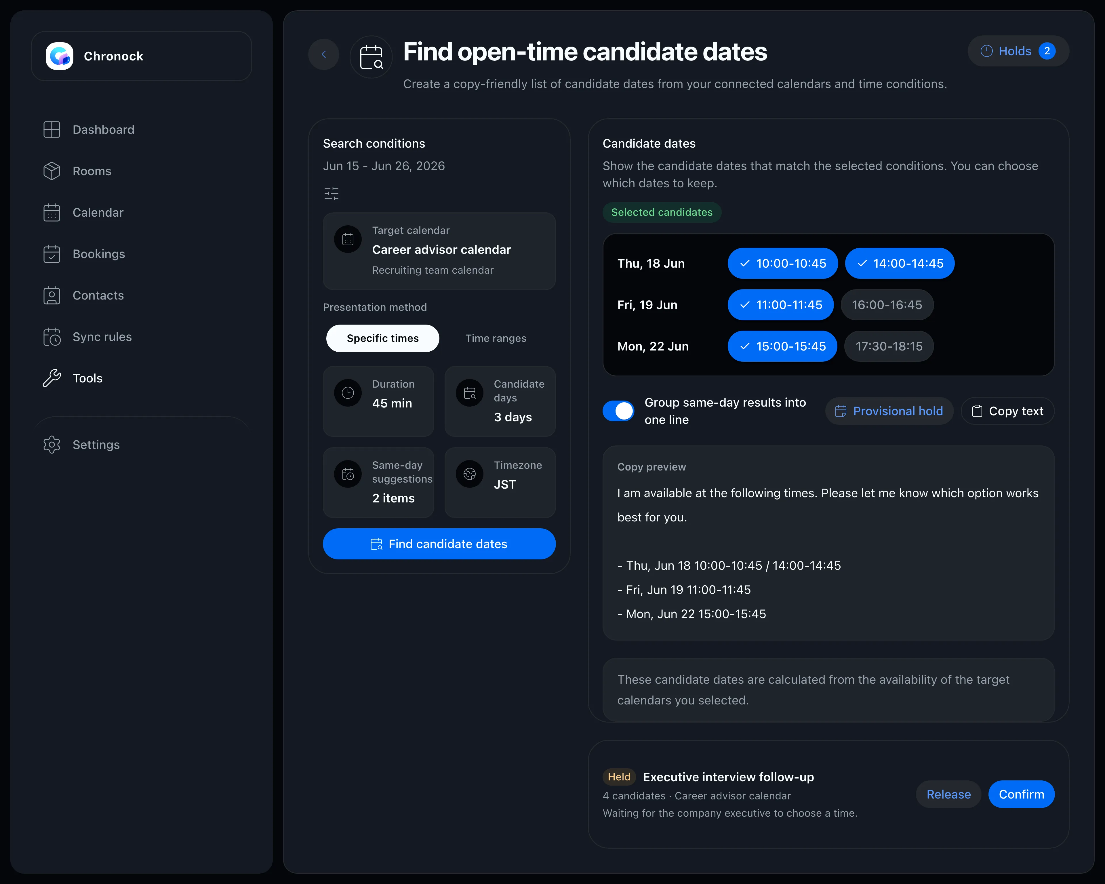 Candidate date tool showing available times as copyable text
