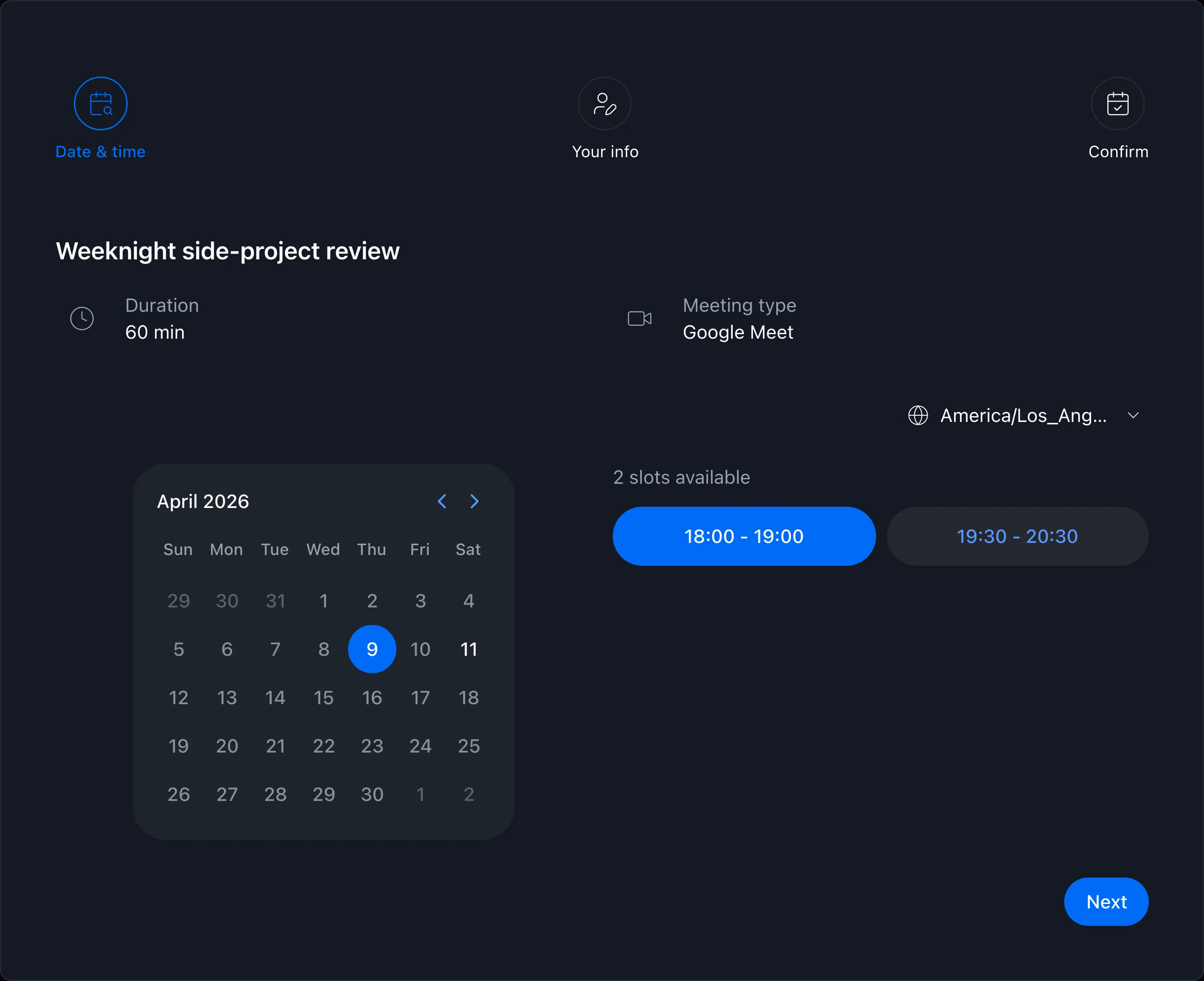 Booking page showing available times