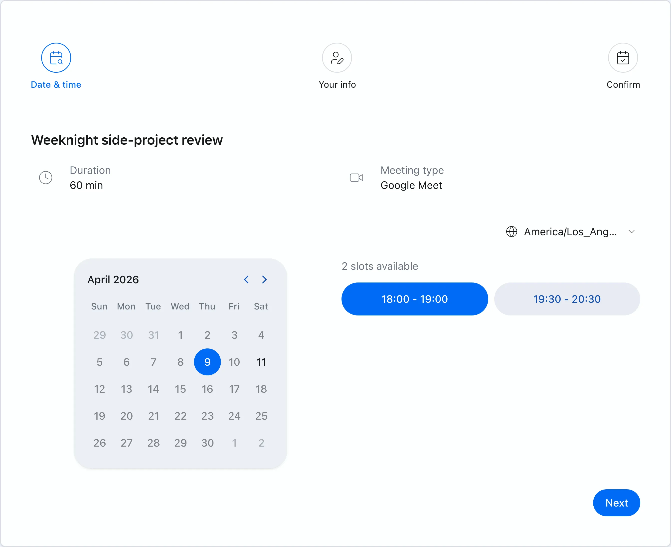 Booking page showing available times