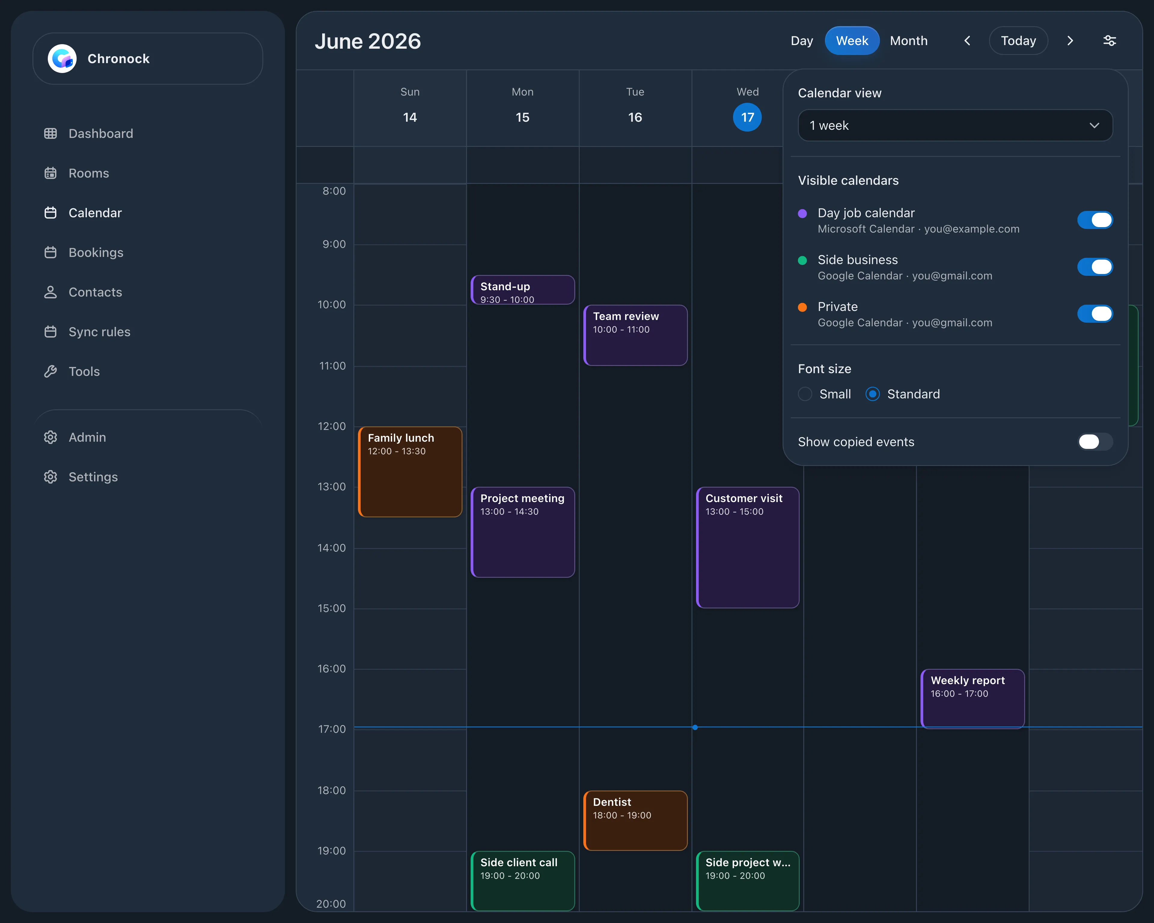 Integrated calendar week view combining a day-job Outlook calendar with side-business and private Google Calendars