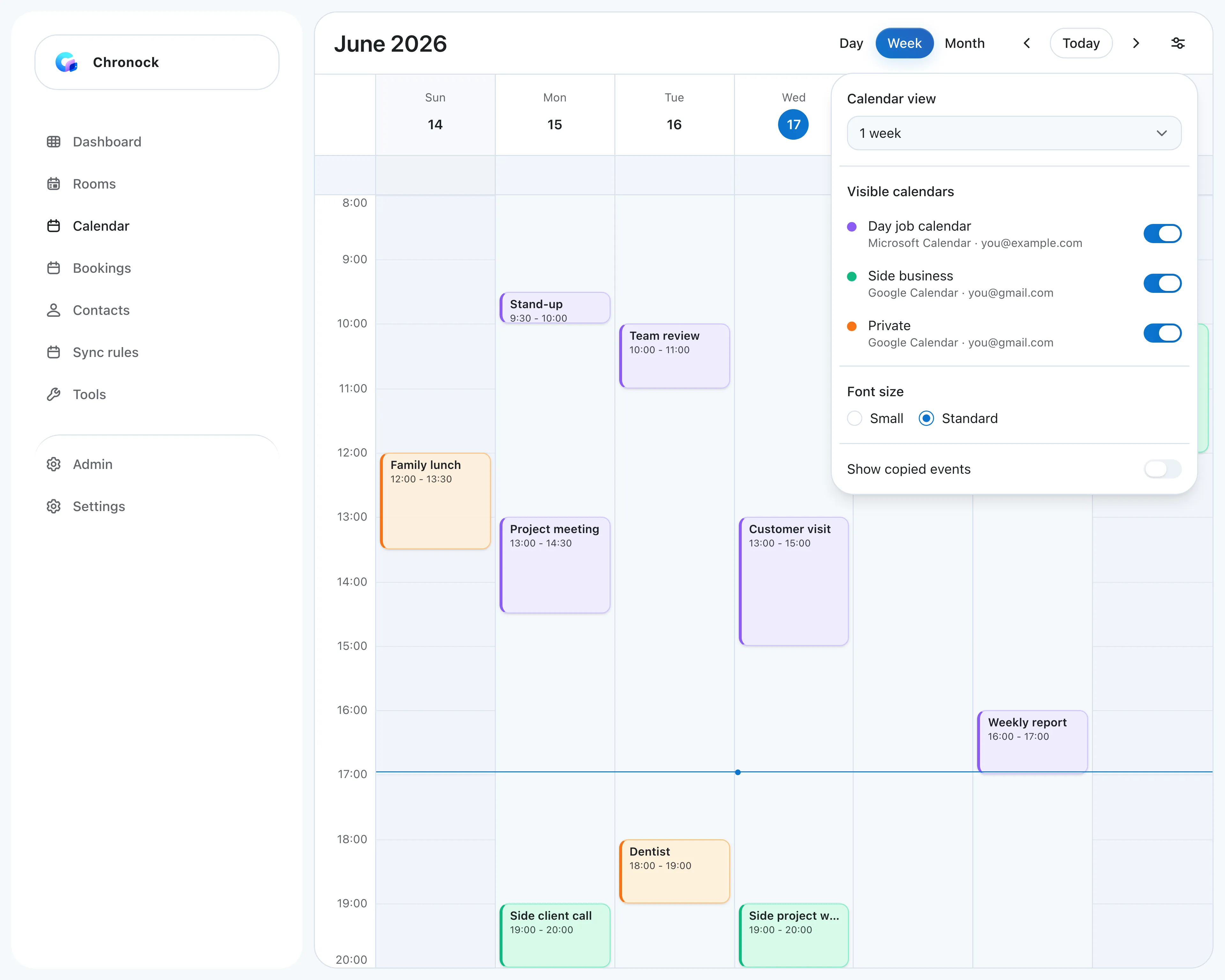 Integrated calendar week view combining a day-job Outlook calendar with side-business and private Google Calendars