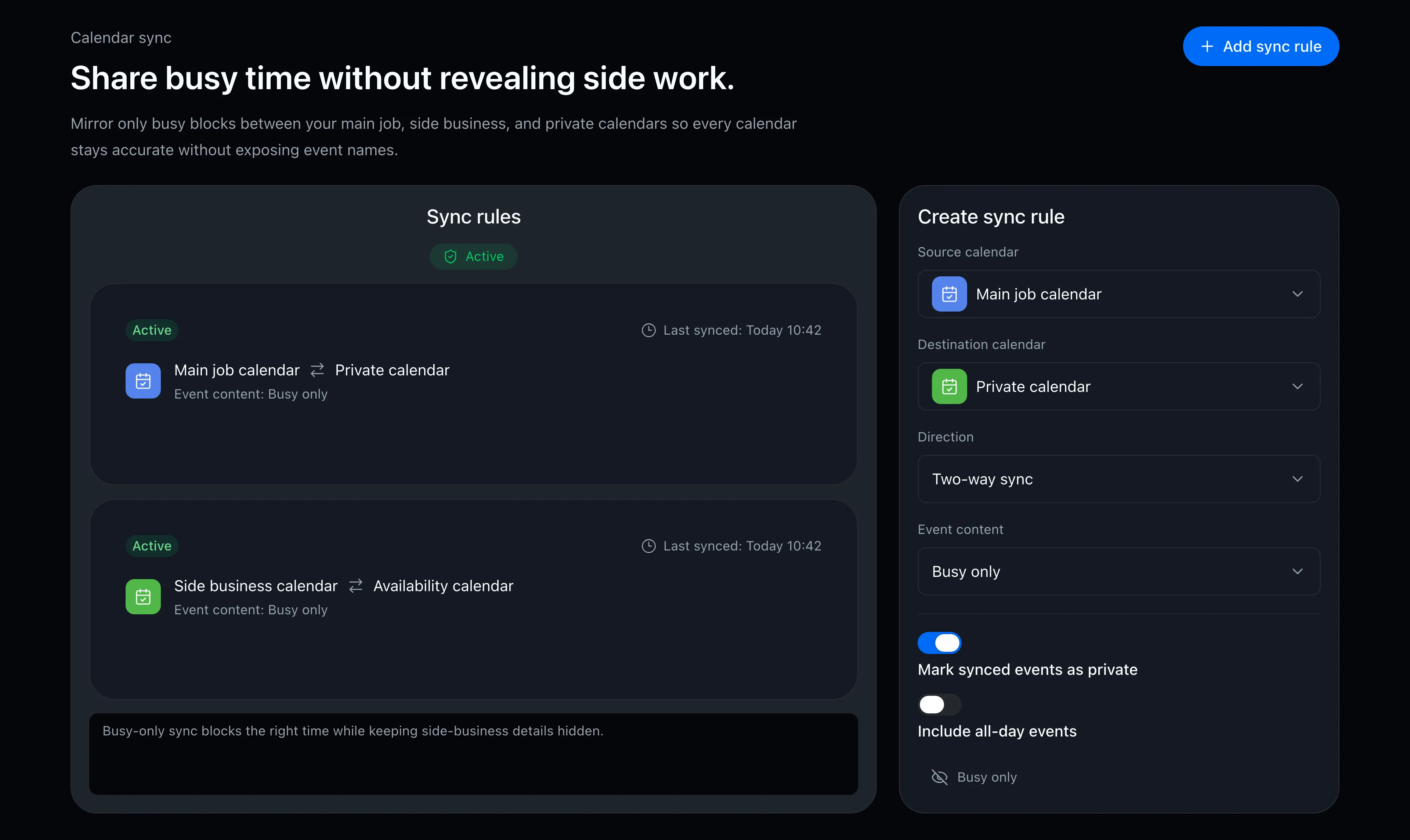 Calendar sync rule settings screen
