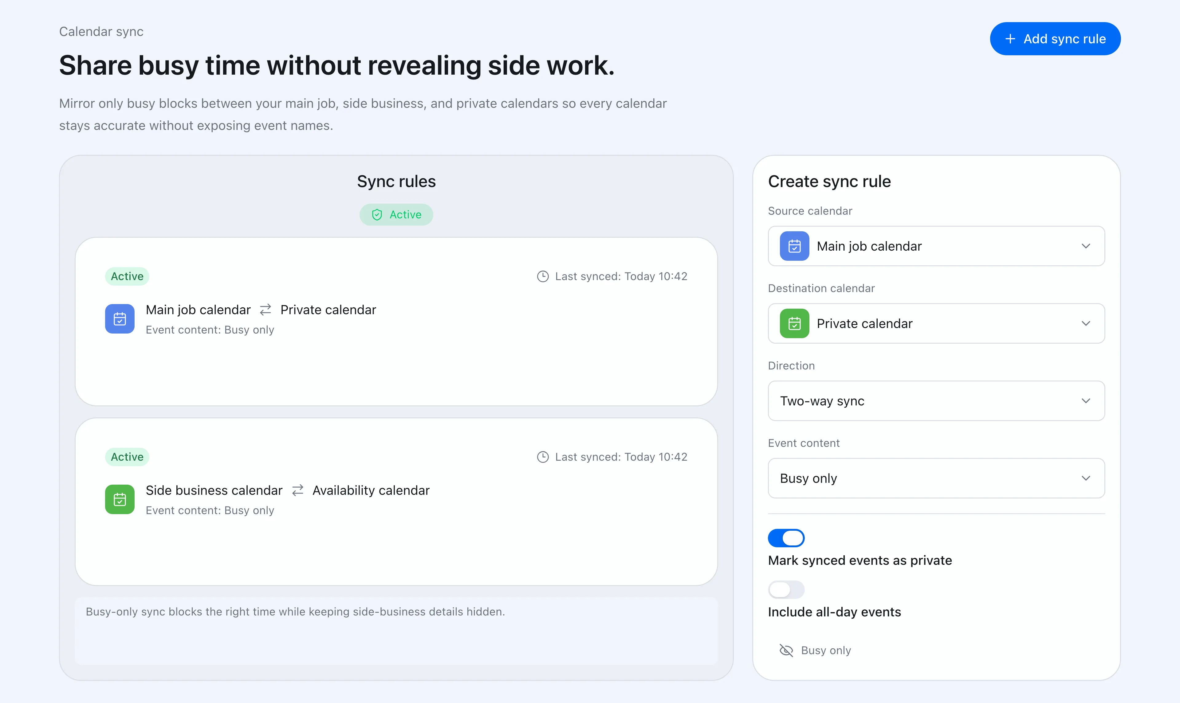 Calendar sync rule settings screen