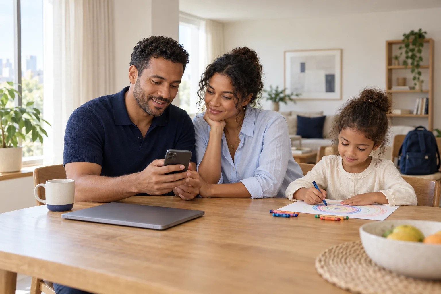 Two adults checking a smartphone together at a dining table while a child draws beside them