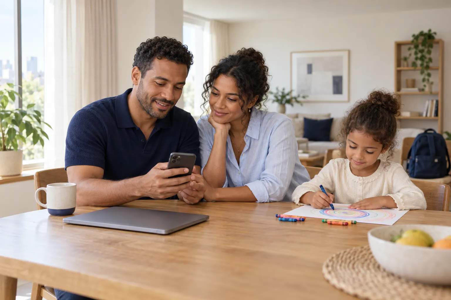 Two adults checking a smartphone together at a dining table while a child draws beside them